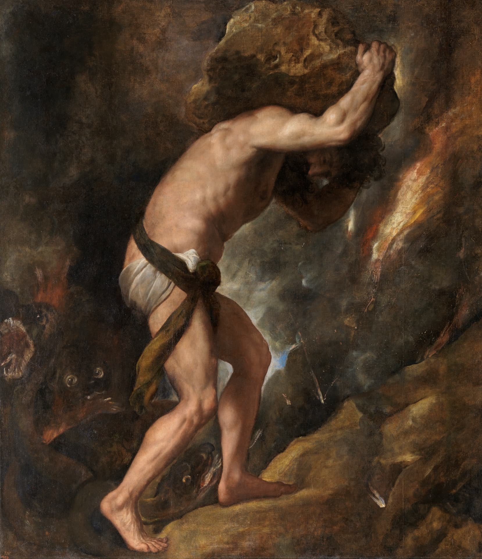 Titian’s Sisyphus: a straining figure hauling an enormous boulder up an endless dark slope.
