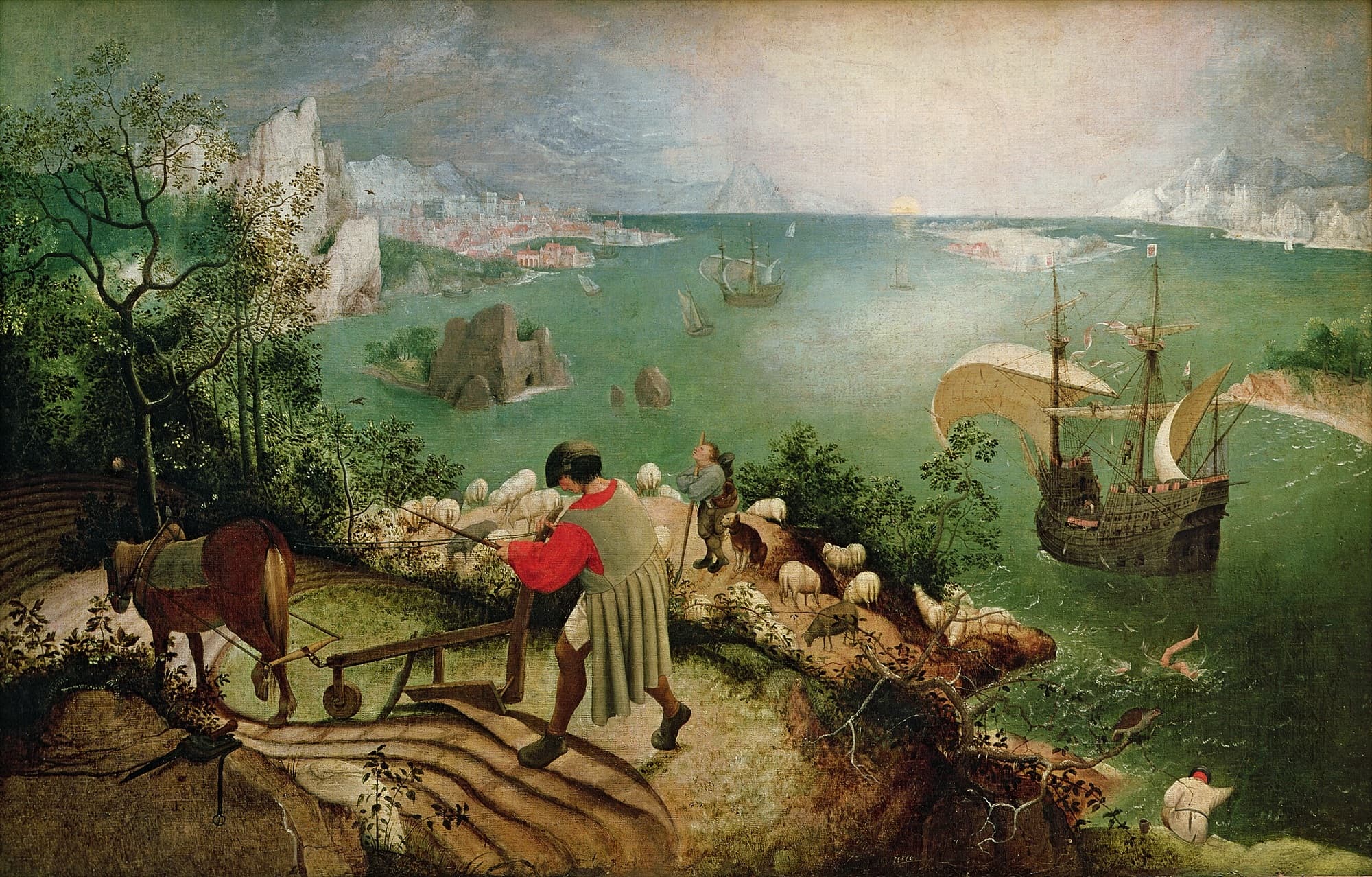 Pieter Bruegel's Landscape with the Fall of Icarus: a serene harbour where Icarus has plunged into the sea, all but unnoticed.